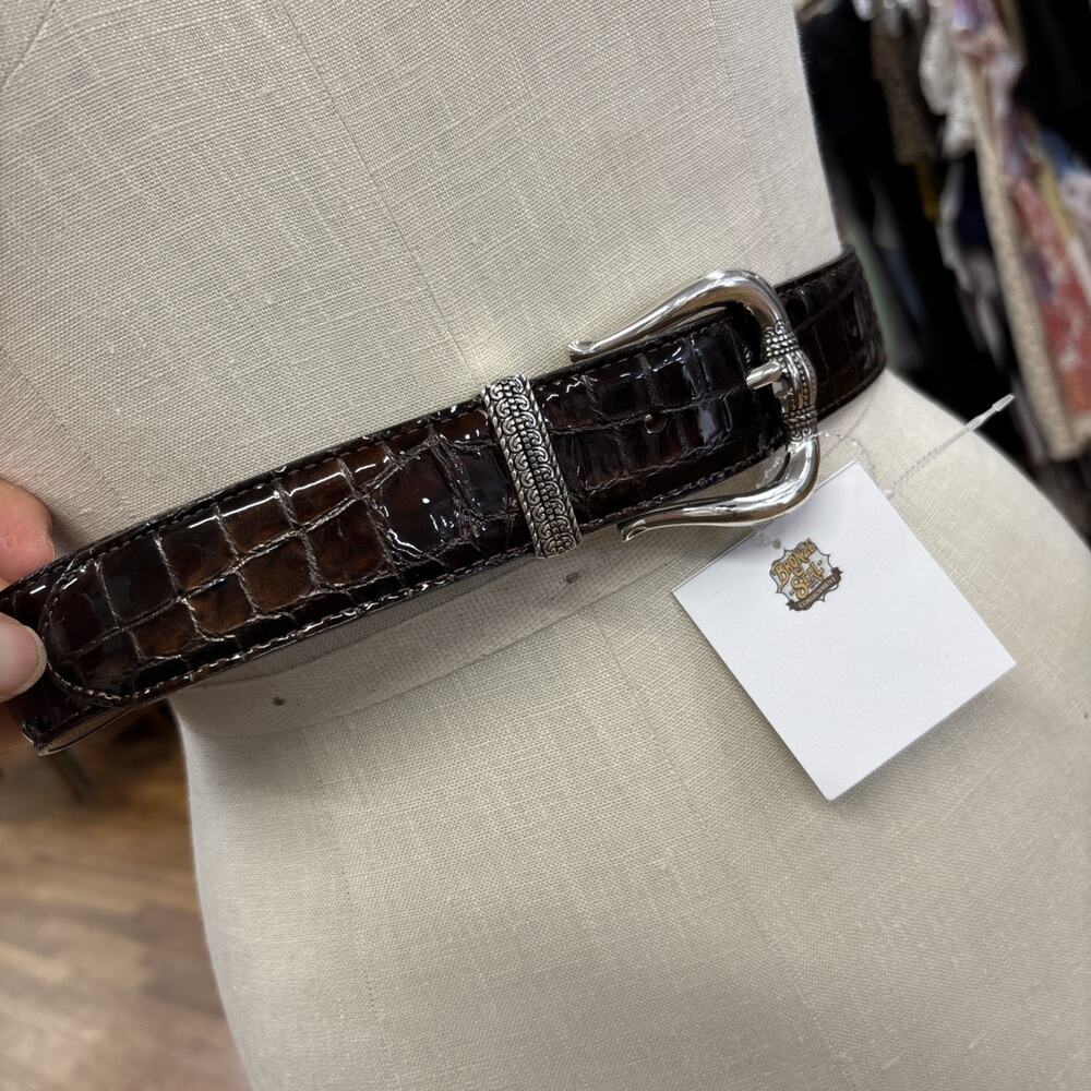 Vintage Brighton Silver Buckle Croc Embossed Patent Leather Brown Belt Sz M 34”